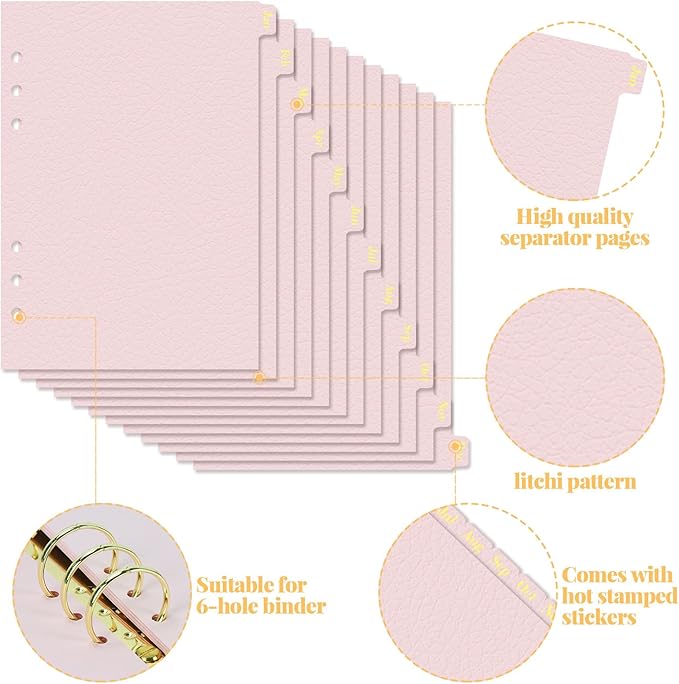 Koqye Leather Textured A5 6-Ring Binder Dividers with 12 Monthly Tabs, Pink Paper Index Page Separators for Planner/Organizer (2 Set - 12 Monthly Tabs)
