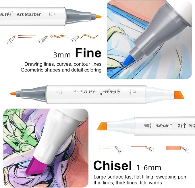 SFAIH Alcohol Markers Fine Tip & Chisel Tip - 72 Colors Double Tipped Art Markers for Adult Coloring Books Illustration, Gifts for Artist Adult - Refillable Alcohol-based Ink