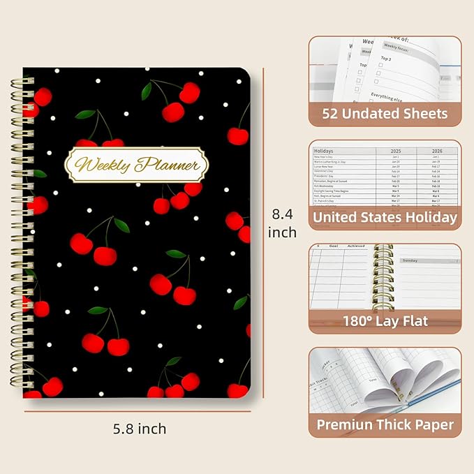 Weekly Planner Undated - 52 Weeks To Do List Notebook A5 for Work: Weekly Task, Habit Tracker Journal, Goal Setting, Agenda Sprial Bound Organizer Book for Women Cute Stylish Design, Cherry