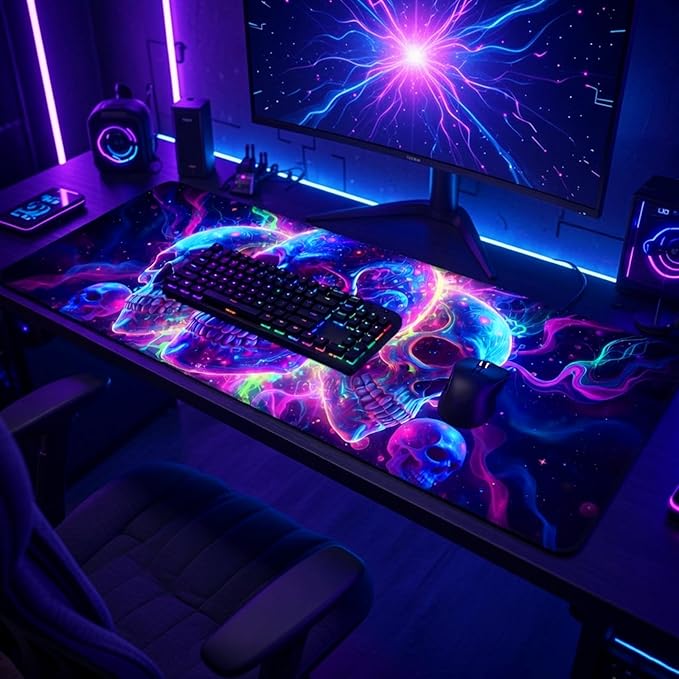 Manicer Blacklight Skull Mouse Pad – UV Reactive Neon Glow Gaming Desk Mat, Colorful Skeleton Extended Non-Slip Mousepad for PC Gamers, Office, Room Decor - 31.5" x 11.8"