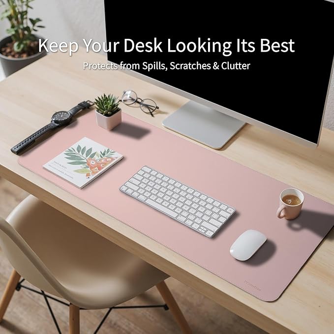Oversized Non-Slip Desk Pad Protector with Premium Gift Box – Vegan Leather Waterproof Laptop Mat for Keyboard & Mouse, Grips Desk Firmly – Large Office Pad– Sakura Pink
