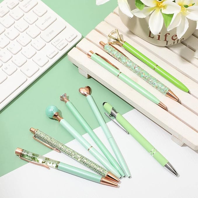 Janmini 9 Pcs Ballpoint Pens Set Metal Crystal Diamond Glitter Pens for Journaling Black Ink Pretty Cute Things Fancy Stationery Gifts for Women Girls Birthday Home Office Desk(Green)