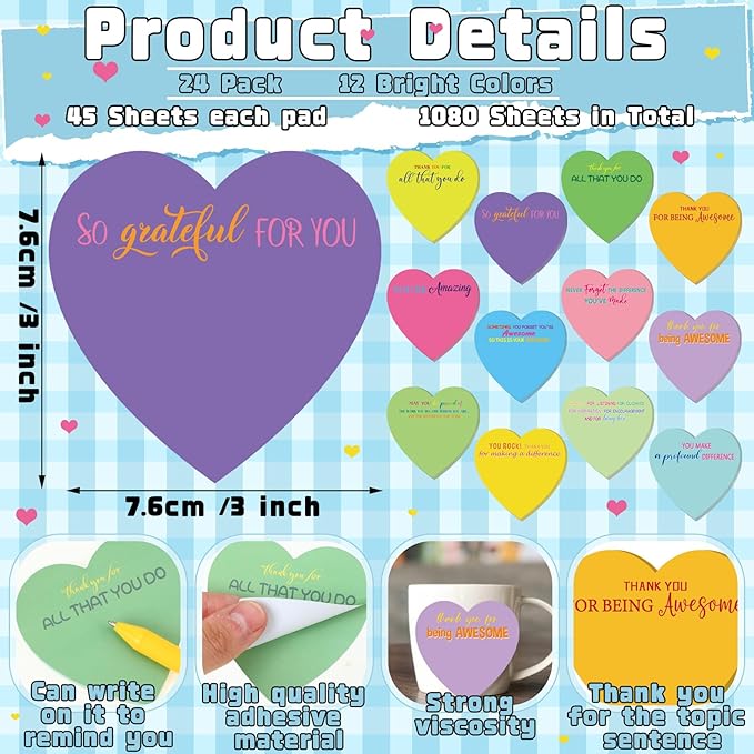Teling 24 Pack Valentine's Day Sticky Notes Heart Shape Sticky Notes 3 x 3 Inch Thank You Notepads Bulk Cute Memo Pads for Galentines Party Gifts School Office Supplies (Bright)