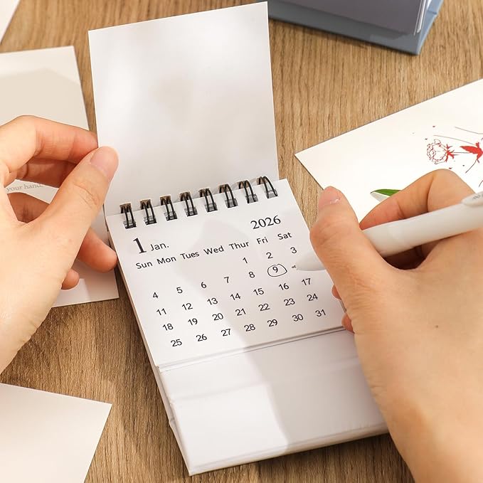 Mini Desk Calendar 2026 - Small Desk Calendar Runs January 2026 to June 2027, Monthly Calendar 250gsm Thick Paper Twin-Wire Binding with Stickers for Home Office School (Mini white)