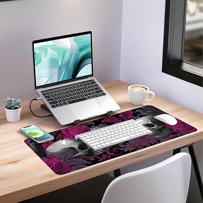 Skull and Roses XXL Extended Gaming Mouse Pad 35.4 x 15.7 Inch – Large Gothic Desk Mat with Non-Slip Rubber Base, Smooth Cloth Surface, Stitched Edges