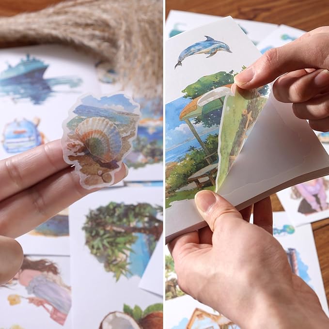 50 Sheets Beach Stickers for Scrapbooking 200 Pre-Cut Washi Sticker Girl Landscape Stickers for journaling Scrapbooking Supplies Collage Decorative DIY Arts Craft Making