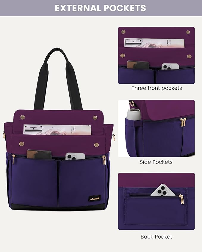 LOVEVOOK Upgrade Version Work Bags for Women 15.6 Inch Laptop Bag Large Capacity Mutiple Pockets Teacher Bag Water Resistant Canvas Tote Bag Purse for Office Travel Nurse Teacher, Dark Purple-Black