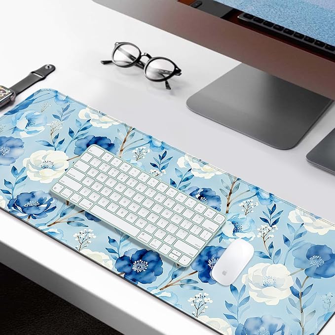 Watercolor Blue Floral XL Large Desk Mat, Extended Long Pretty Flowers Aesthetics Desk Pad for Gaming and Office, Non-Slip Rubber Base, Comfortable Surface Mouse Pad, 31.5x11.8 in (H10)