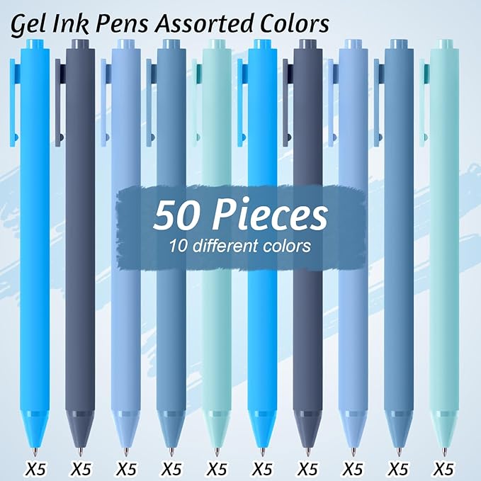 Crtiin 50 Pcs Gel Ink Pens Bulk, Black Ink 0.5mm Fine Point Retractable Pen Smooth Writing Office Supplies for Teacher Server Nurse Valentine Galentine Gift (Blue Series)