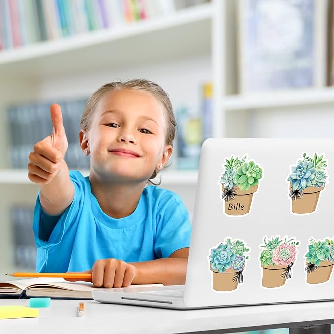 Whaline 120Pcs Back to School Succulent Name Tags 12 Designs Potted Succulent Nameplate Sticekrs Classroom Bulletin Board Decoration Label Stickers for Office School Desk Wall Message Board, 20 Sheet