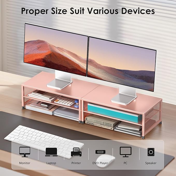 2-Tier Computer Monitor Stand Riser, Desk Organizer for Monitor, Printer & Laptop Stand, Desktop Workspace Organizers for Office Supplies(Rose Gold)