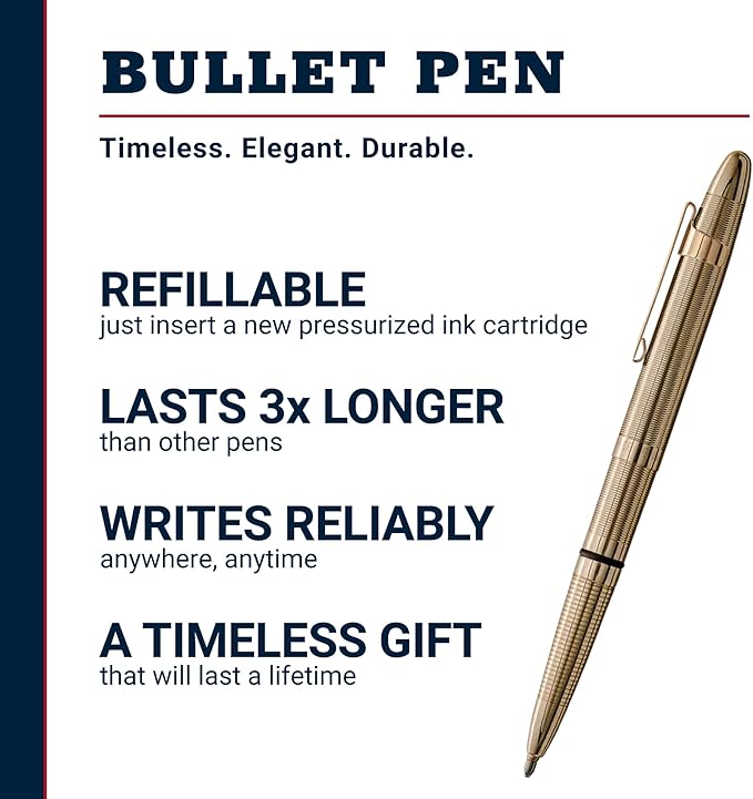 Fisher Space Pen Bullet Space Pen, Lacquered Brass Pressurized Ballpoint Pen, Compact Size, Writes Upside Down, Extreme Temperatures, Smooth Black Ink, Medium Point, Pocket Clip, Gift Box, Made in USA