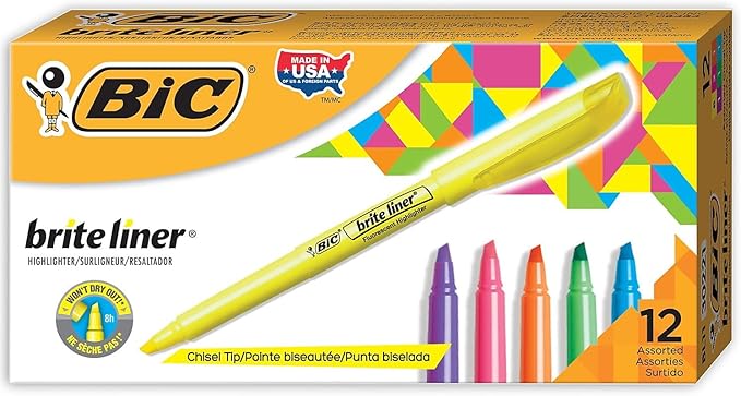 BIC Brite Liner Highlighters Markers, Chisel Tip, Assorted Colors, 12 Per Pack, 2 Packs (BICBL11AST-2)