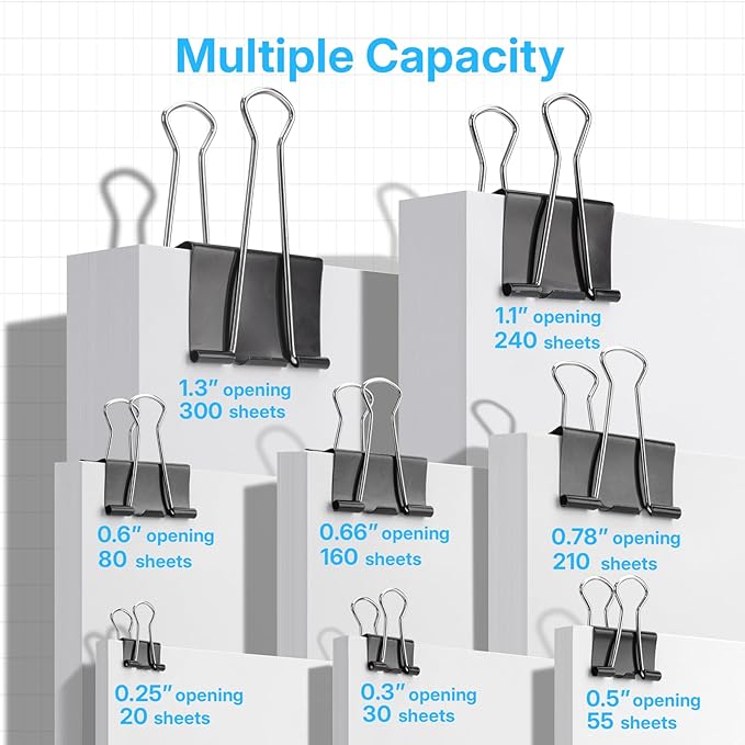 OWLKELA 80 Pcs Black Binder Clips, Paper Clamps, Paper Binder Clip, Assorted Sizes, Metal Black Binder Clips, Ideal for Office, Home and School Supplies