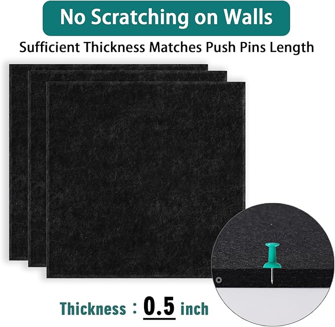 Felt Cork Board for Wall: Extra Large Bulletin Board for Office - 0.5 Inch Thick Corkboard Tiles 6 PCS Black Pin Board Squares Adhesive