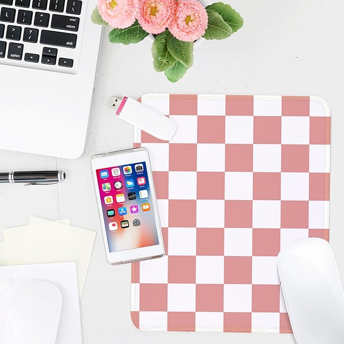 Pink and White Checkered Square Mouse Pad,Non-Slip Rubber Base Mouse Pad,Home Office Decoration Desktop Accessory,Laptop Mouse Pad for Office Laptops,9.4x7.8x0.12inch.