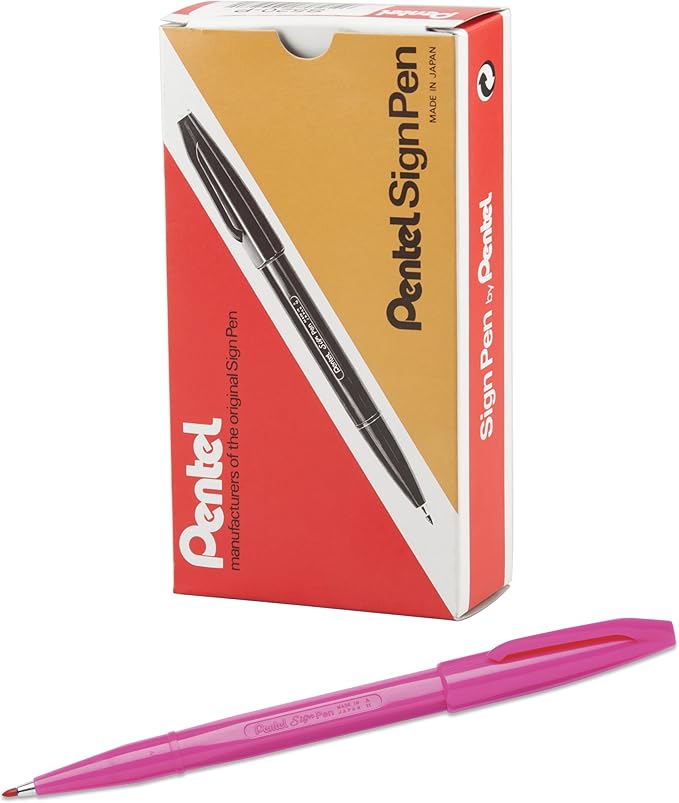 Pentel Sign Pen Fiber-Tipped Pen, Pink Ink, Box of 12 (S520-P)
