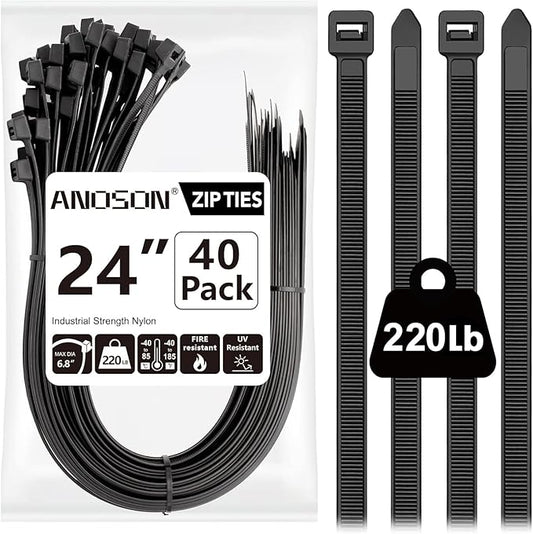 Large Zip Ties Heavy Duty Outdoor 24 inch (40 Pack), Heavy Duty Zip Ties 220 lbs, Black, by ANOSON