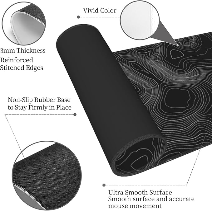 Topography Map Lines Contour Geographic Black XXL XL Large Gaming Mouse Pad for Desk, Non-Slip Long Extended Keyboard Pads Mousepad Rubber Table Mat 31.5 X 11.8 Inch