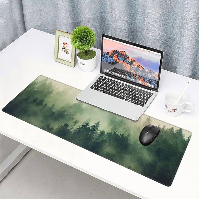 Green Forest Pine Fog Mountain Tree XXL XL Large Gaming Mouse Pad for Desk, Non-Slip Long Extended Keyboard Pads Mousepad Rubber Table Mat 31.5 X 11.8 Inch