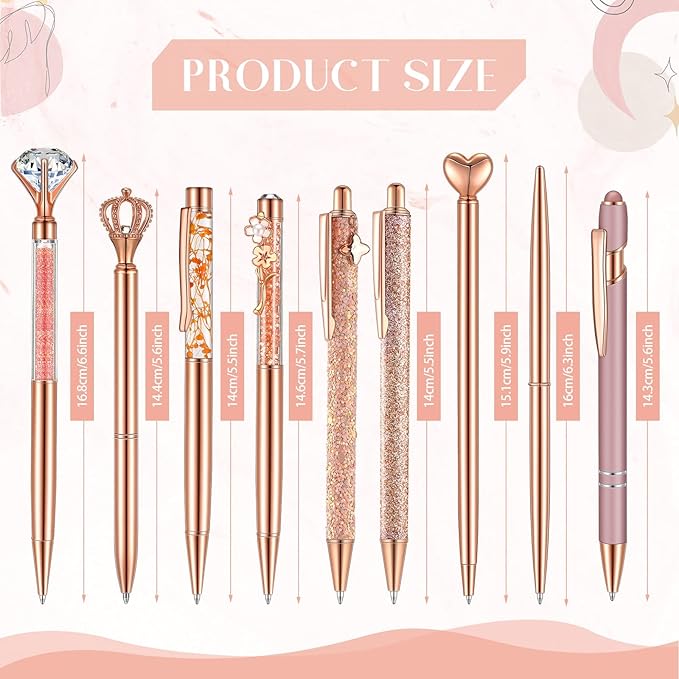 Janmini 9 Pcs Rose Gold Ballpoint Pens Set with Metal Crystal Diamond Design for Women - Fancy Pens for Journaling, Writing, Gifts