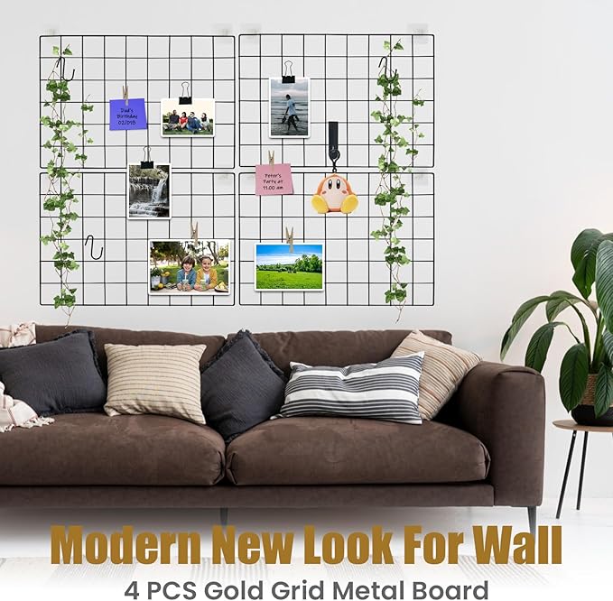 Metal Wire Wall Panel, Wire Mesh Organizer, 17.3"×11.8" Black Wall Grid, 4-Pack with Clips and Hooks