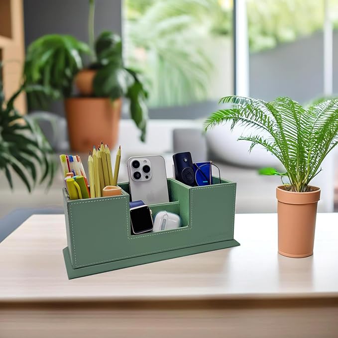 UnionBasic Desk Organizer, Desktop Caddy Leather Multi-compartment Pen Holder Office Stationer Organizer, Malachite Green