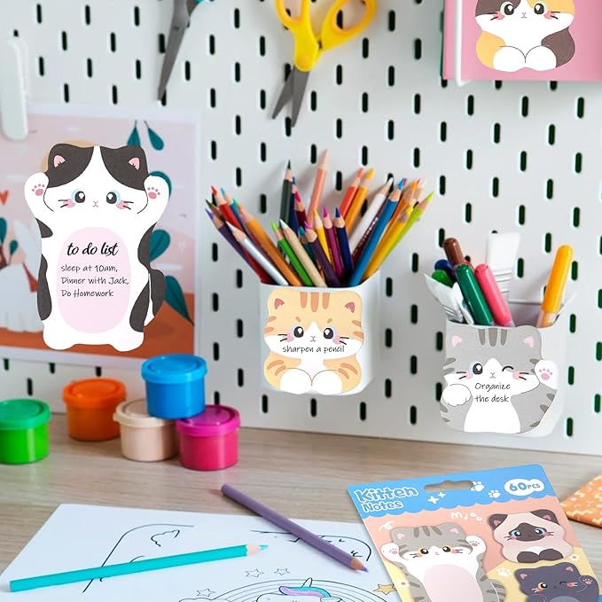 Cute Kitten Cat Shaped Sticky Notes Set - 6 Kawaii Animal Memo Note Pads with Cartoon Cats Design - 360 Sheets Themed Stationery Notepad for School, Office Supplies, Gifts for Cat Lovers