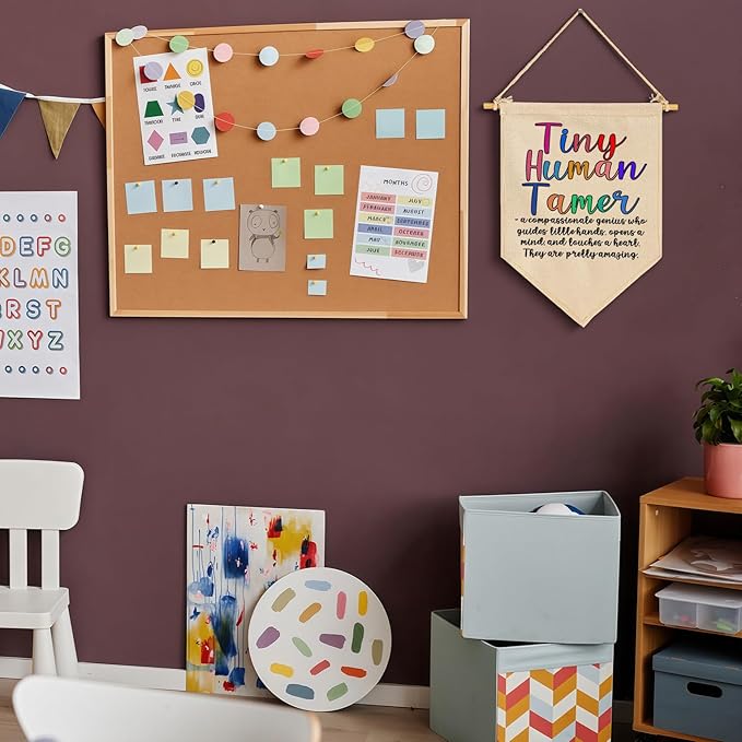Tiny Human Tamer-Faculty Appreciation-Preschool Teacher-Thank You Gift for Nursery-End of Term Gift for Daycare Teacher,Nursery Worker-Canvas Hanging Pennant Flag Banner Wall Sign Decor