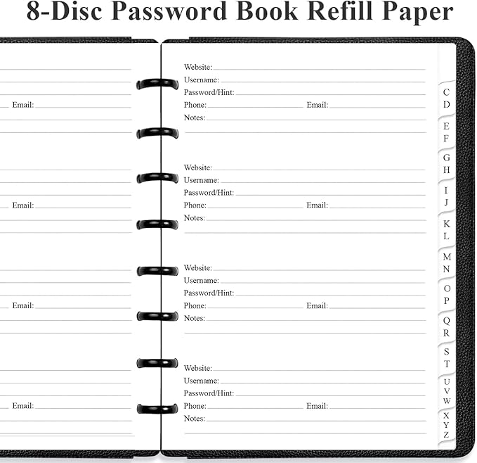 A5 TUL Discbound Password Book Refills - 8-Disc A-Z Password Notebook Refill Paper with Alphabetical Tabs, 120gsm White Paper, 5.8" x 8.3"