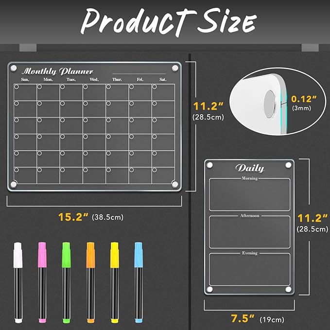 DIYMAG Magnetic Calendar for Refrigerator 3 PCS Dry Erase Whiteboard 15.2"x11.2" Magnet Fridge Monthly Weekly Daily White Board Planning Acrylic Clear Apartment Decor Meal Planner with 6 Colors Markers