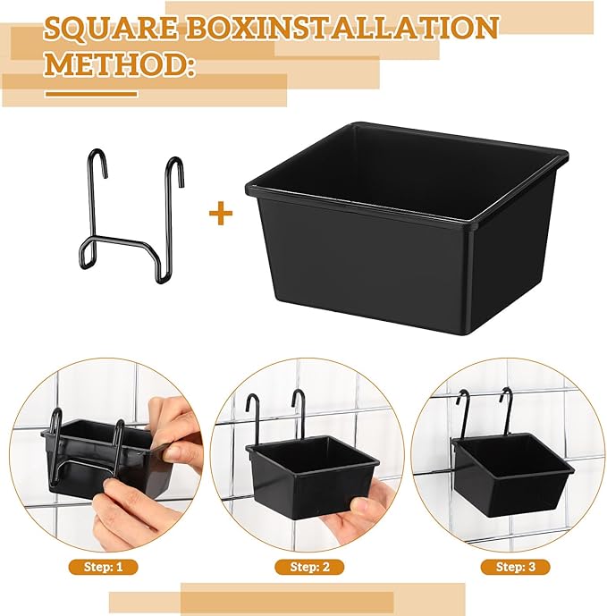 6 Pcs Grid Wall Storage Bin with Hooks, Square Box Shape Hanging Baskets, 3.5 x 2.5 x 1.8 Inch Pegboard Cups for Garage, Kitchen, Office, Craft Room Durable Space Saving Organizer