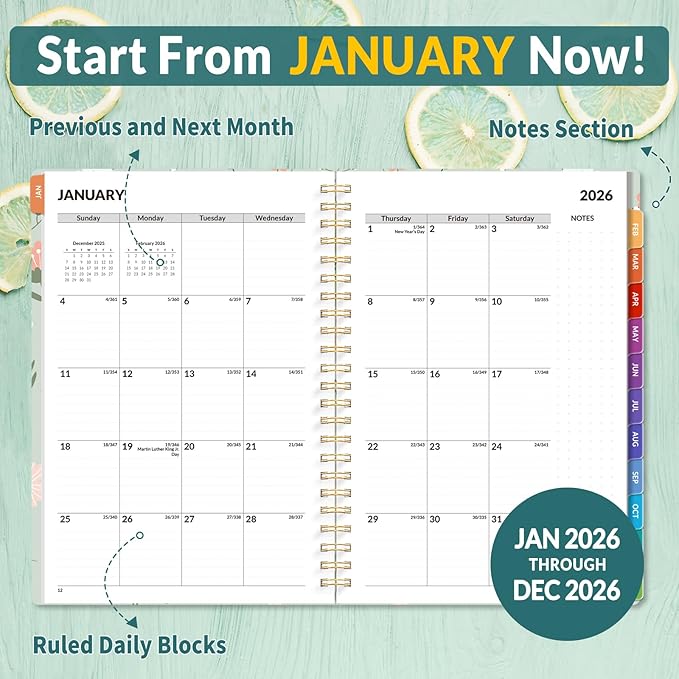 SUNEE 2026 Appointment Book, Quarter-Hourly, Weekly & Monthly - from January 2026 - December 2026, 8.5"x11" Weekly Planner, Flexible Cover, Note Pages, Pockets, Bookmark, Spiral Binding,