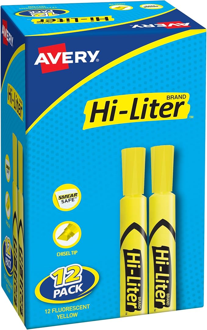 Avery Hi-Liter Desk-Style Highlighters, Smear Safe Ink, Chisel Tip, 12 Yellow Highlighters (98035)