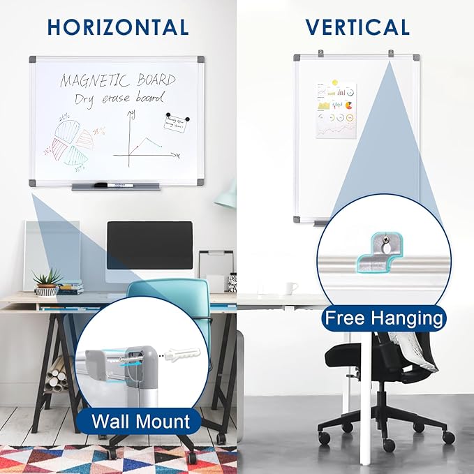 SWANCROWN Magnetic Dry Erase Board 48 x 24 Inches - Large White Board, Silver Aluminum Frame, 4' x 2' Writing Whiteboard for Walls, Home Office, School, Studio