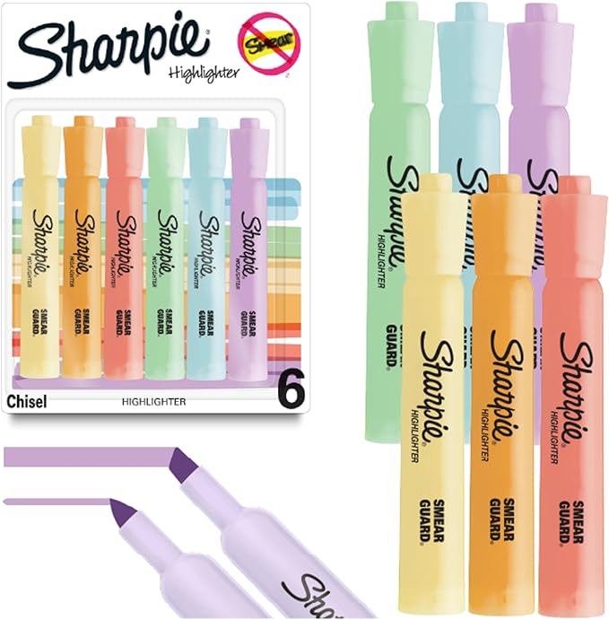 Sharpie® Tank-Style Highlighters, Chisel Tip, Mild Pastel Barrels, Mild Pastel Inks, Pack Of 6 Highlighters