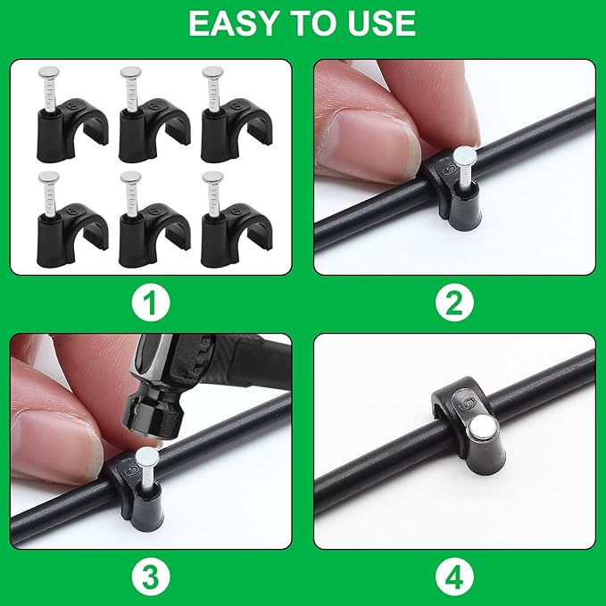 100pcs 1/2" / 12mm Half Clamp J-Hook with Nail, Nail in Cable Clips Ethernet Cable Nails Tacks Clips, Black