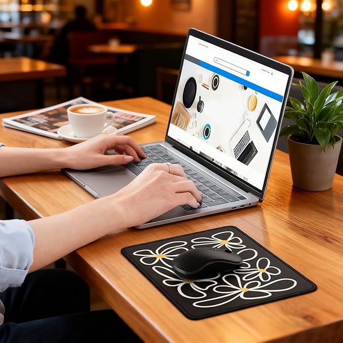 Black Daisy Flower Desk Pad Mat with Stitched Edges and Non-Slip Rubber Base, Premium-Textured Mouse Pad for Laptop, Computer & PC, Gaming & Working, Waterproof Mousepad