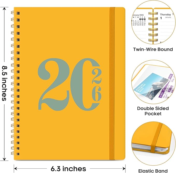 2026 Planner, Weekly and Monthly Calender Planner, Jan 2026 to Dec 2026, Hardcover 2026 Calendar Book with Tabs & Inner Pocket, Office Home School Supplies for Women & Men - A5 (6.3" x 8.5"), Yellow
