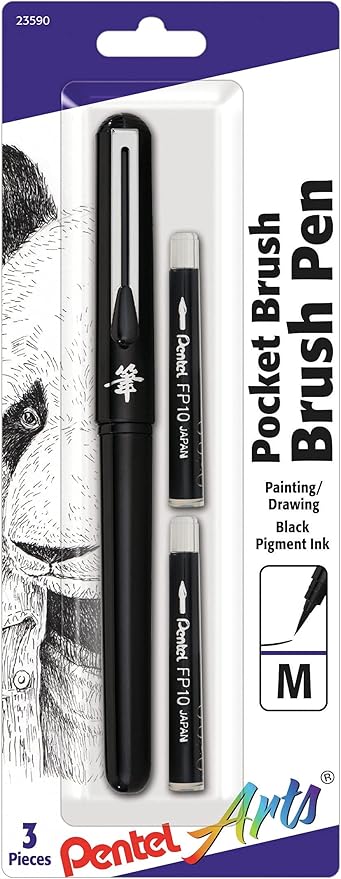 Pentel Arts Pocket Brush Pen with Refills, 1 Pen & 2 Refills