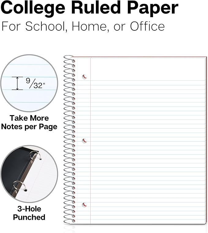 Dunwell 1 Subject Notebook College Ruled (Red), Spiral Notebook 8.5x11 for School, 100 Sheets (200 Pages), Protective Plastic Cover, 2-Pocket Divider, One Subject Note Book 8 1/2 x 11