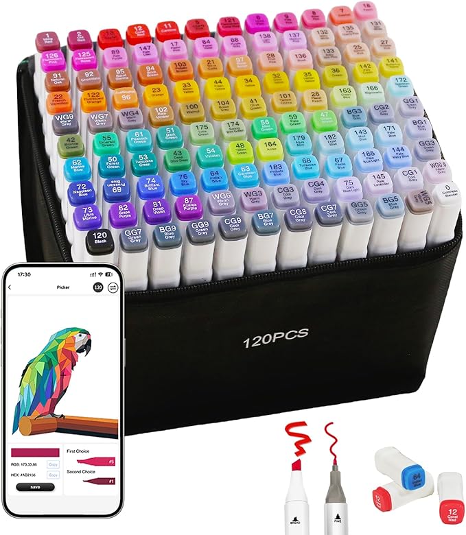 120 Colors Alcohol Markers with APP, Dual Tip Art Marker for Adults Coloring Books, Alcohol Based Ink Illustration Markers Set for Adult Artist Drawing Sketching Painting Lettering Cards