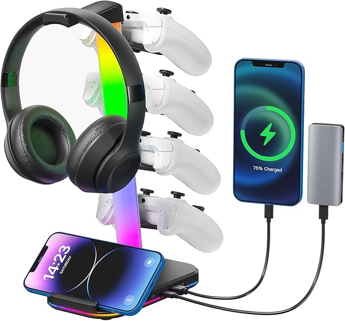 Controller Holder 5 Tier Headphone Stand Gaming Headset Holder RGB PC Gaming Accessories for Desk, Cool LED Headset Stand with 2 Type-C Outport, 1 USB Charger for Gamer, Black