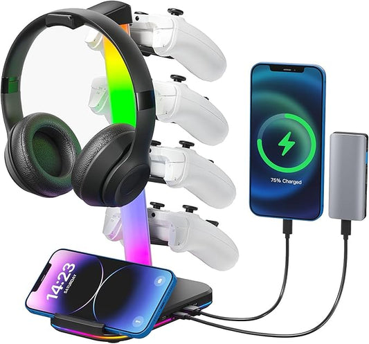 Controller Holder 5 Tier Headphone Stand Gaming Headset Holder RGB PC Gaming Accessories for Desk, Cool LED Headset Stand with 2 Type-C Outport, 1 USB Charger for Gamer, Black