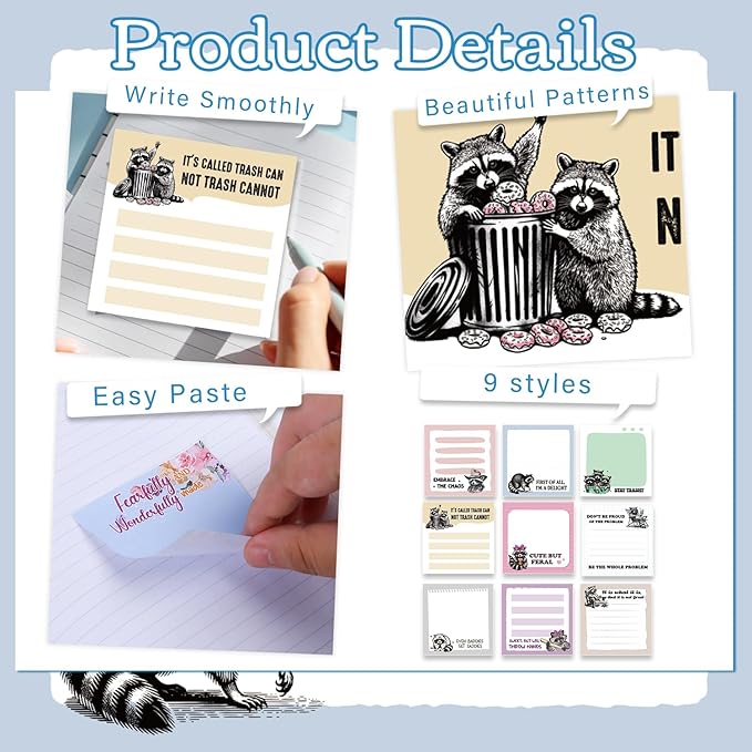 Raccoon Sticky Notes Gifts, 9 Pack Funny Raccoon Notepads 3x3 Inch, Funny Animals Self-Stick Memo Pads, Office School Supplies Gifts for Students Coworkers (450 Sheets)
