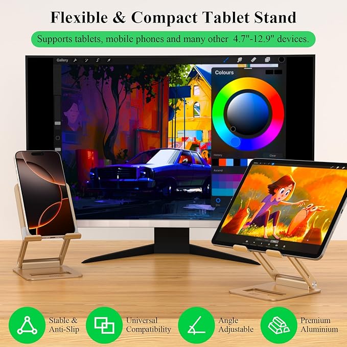 Minthouz Tablet Stand, Multi-Angle Adjustable Tablet Holder, Aluminum iPad Stand Compatible with iPhone 17 16 15 14 13 Pro Max Mini, 12 11 XR X8 Plus SE, Smartphone (Gold)