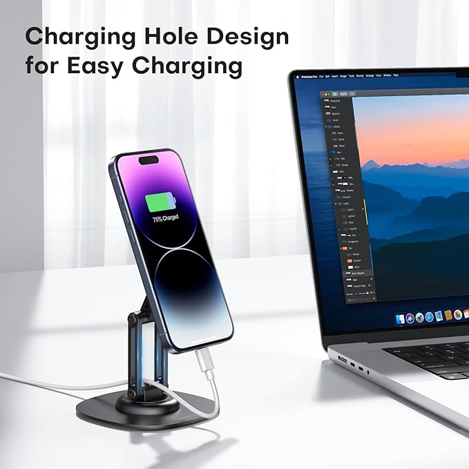 OMOTON 360°Rotating Magnetic Phone Stand for Desk, Adjustable Foldable Aluminum for MagSafe Cell Phone Stand Holder with Non-Slip Base, for iPhone 17/16/15/14 Pro Max Air/MagSafe Case- Black