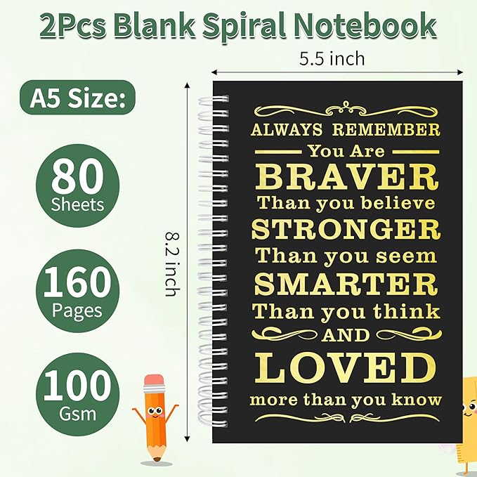 2Pcs Blank Spiral Notebook,Inspirational Gifts A5 Hardcover Sketch Book,Art Sketchbook for Drawing, Unlined, Plain Sketch Book for Women Men Work Writing,160 Pages (2, Blank Page Black)