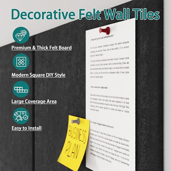Felt Cork Board for Wall: Extra Large Bulletin Board for Office - 0.5 Inch Thick Corkboard Tiles 6 PCS Black Pin Board Squares Adhesive