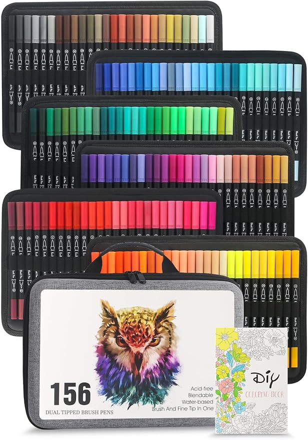 156 Colors Dual Tip Markers Brush Pens, Fine & Brush Tip Art Marker for Adult Coloring Book No Bleeding, Colored Drawing Pen for Calligraphy Lettering Illustration Journal Doodling Gift